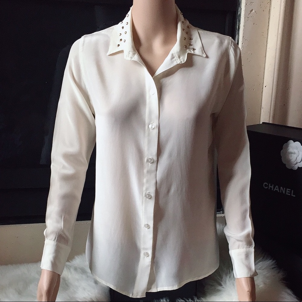 Zoe & Sam Silk Beige Studded Collar  Shirt